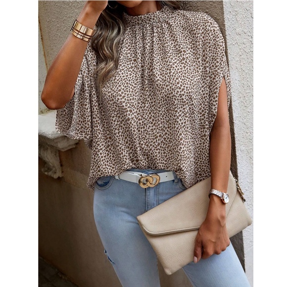 Spotted Print Beige Blouse Top Flowy, High Neck - Picture 6 of 13